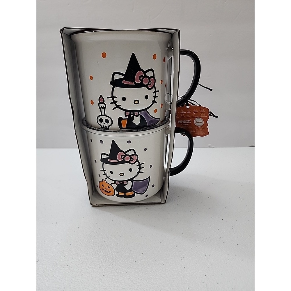 Hello Kitty Bubbly Brew 17oz Mug Set of 2  Halloween Pumpkin & Skull Candle New